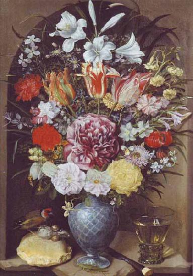 Georg Flegel Blumen, Romer und Stieglitz auf Weissbrotwecken in einer Nische Germany oil painting art